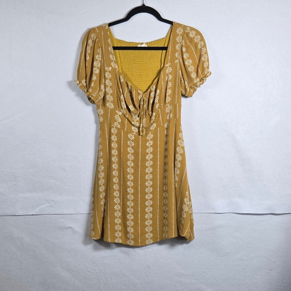Hem & Thread Mustard Boho Mini Dress Medium Folk Print Puff Sleeve Tie Front